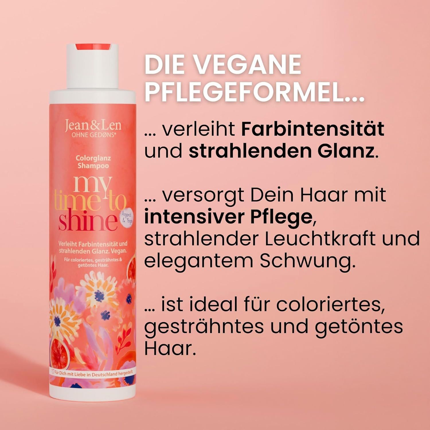 Roze achtergrond met tekst over de veganistische verzorgingsformule. Shampoofles met opschrift: Jean & Len, Color Gloss Shampoo.