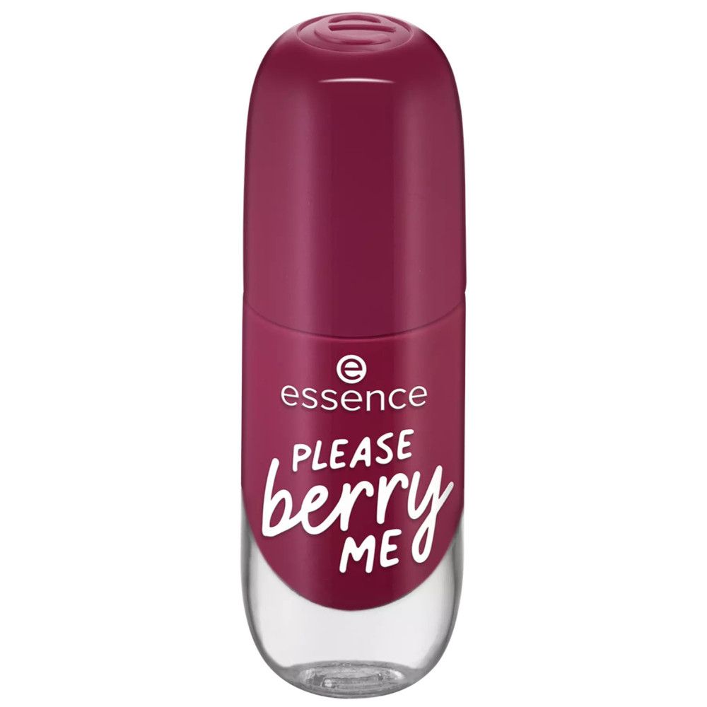 Flacon de vernis à ongles avec bouchon fermé. Inscription 'essence PLEASE berry ME'.