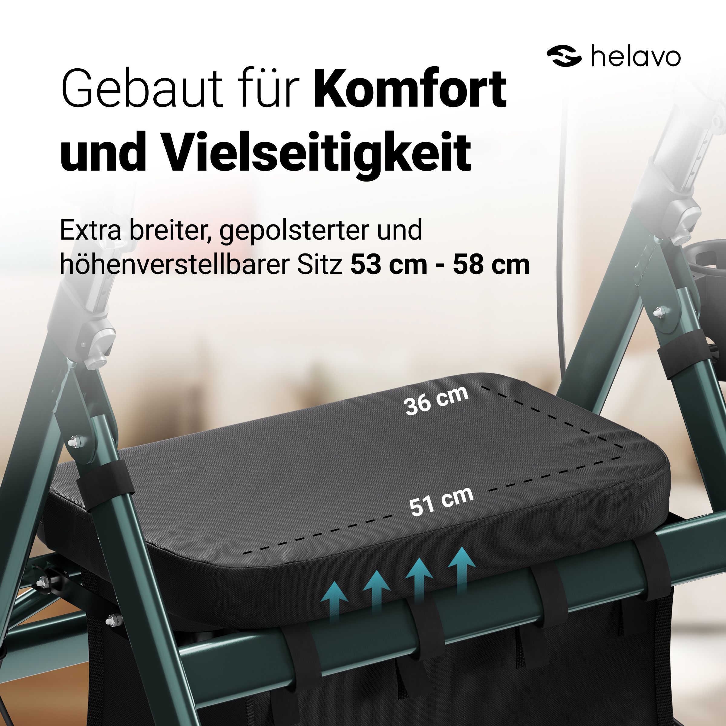 Rollator met breed, gevoerd zitvlak (53-58 cm).