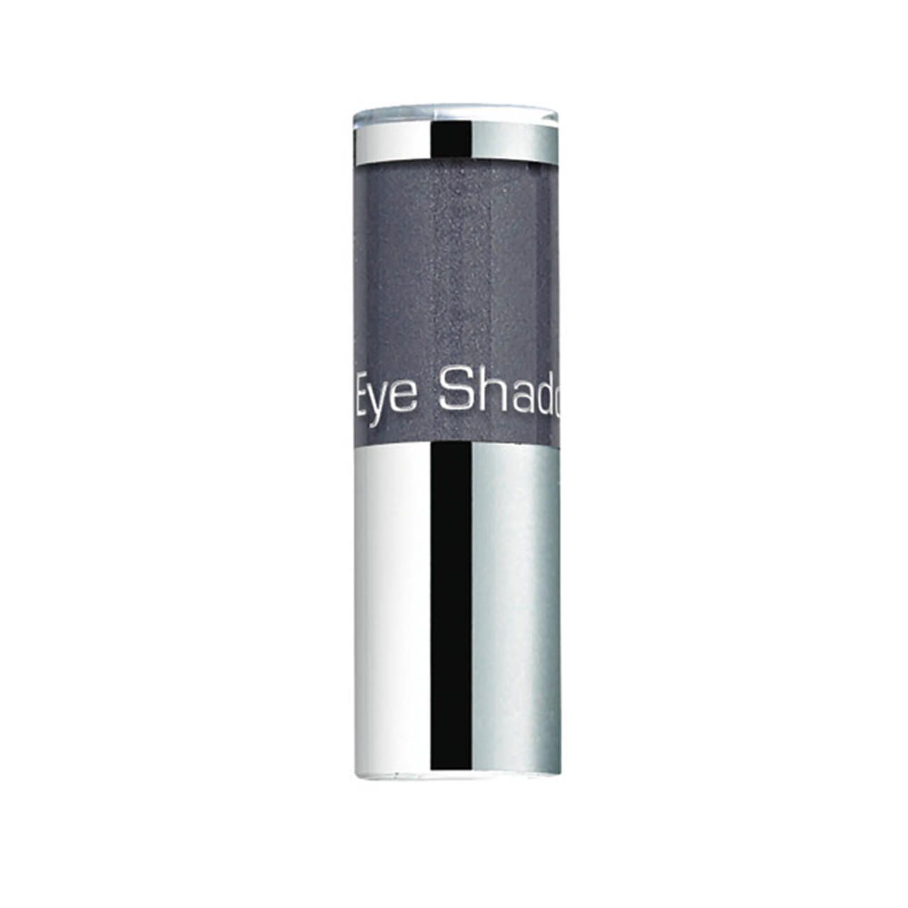 Cilindrische houder met zilverkleurige bodem en deksel. Het bovenste deel is grijs. Opschrift: Eye Shadow.