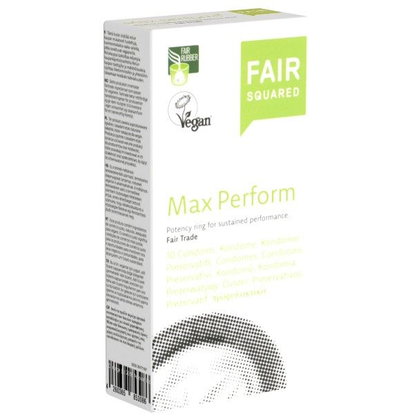 Boîte blanche avec logo et texte verts. "Fair Squared" et "Max Perform" sont visibles. Label Vegan et logo Fair Rubber.