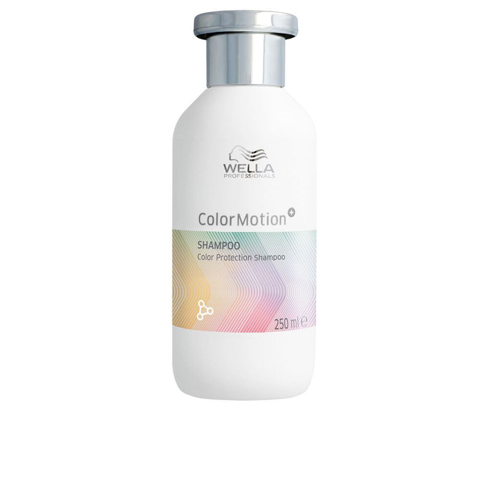 Witte shampoo fles met zilveren dop. Opschrift: Wella Color Motion+ Shampoo, 250 ml.