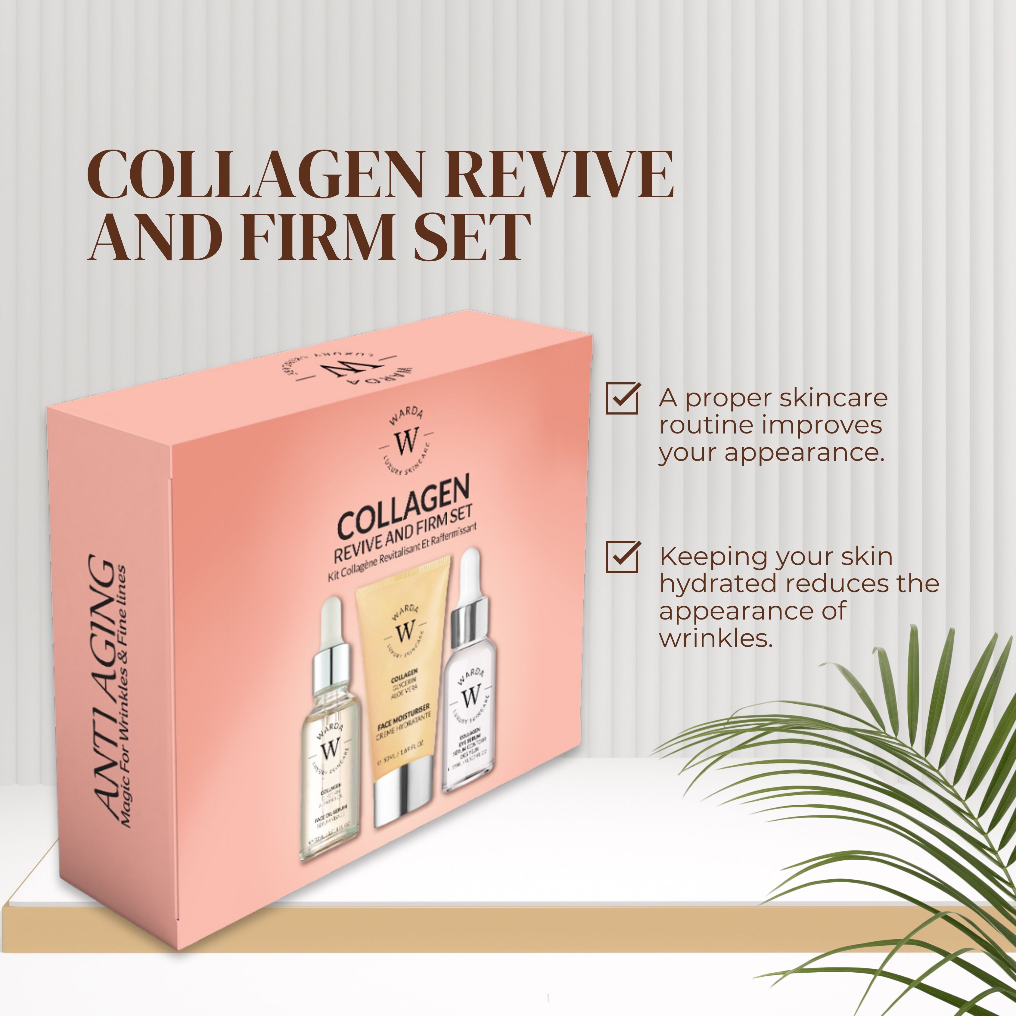Ensemble Warda COLLAGENSKIN LIFTER SERUM. Boîte rose avec flacons de sérum et crème. Inscription : COLLAGEN REVIVE AND FIRM SET.
