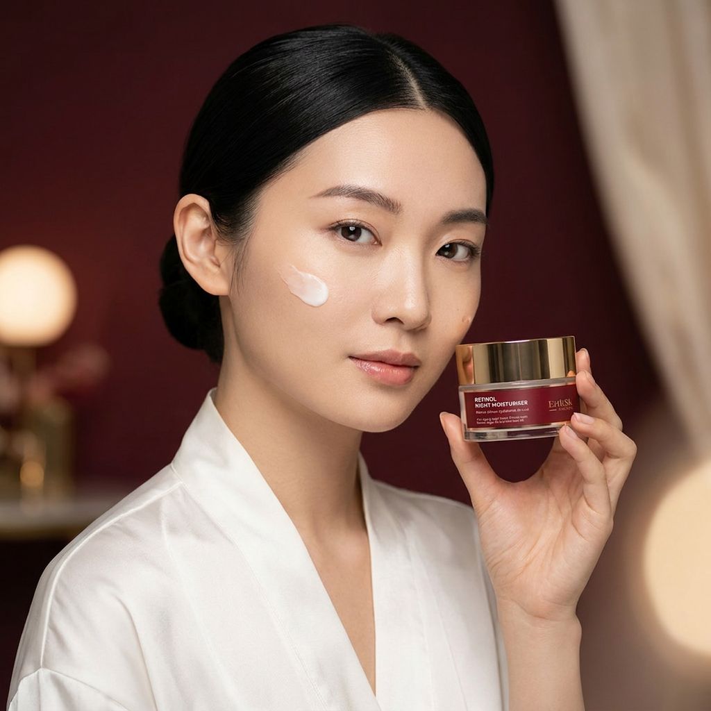 Femme avec une touche de crème de nuit hydratante ErthSkin London Retinol sur la joue, tenant le pot.