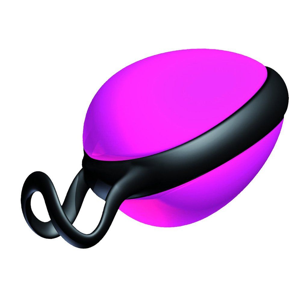Een roze, eivormig apparaat met een zwarte band en twee zwarte lussen.