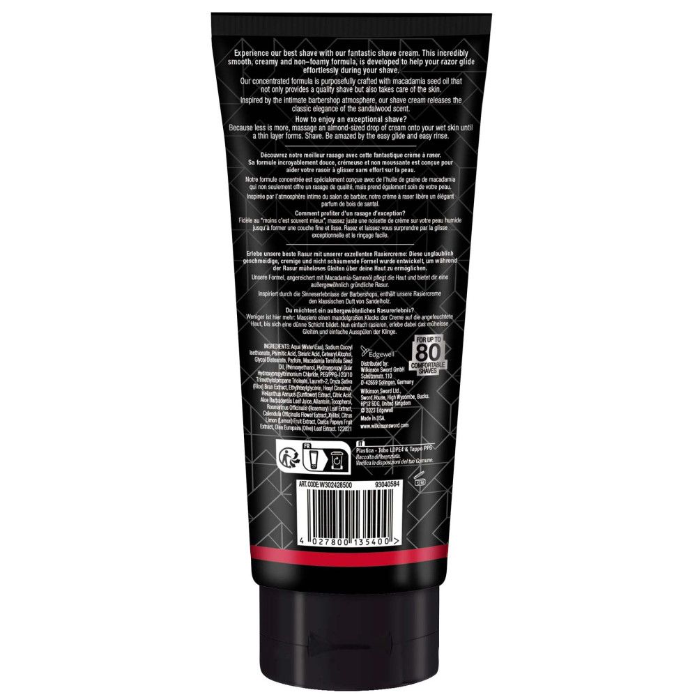 Dos du tube de crème à raser. Fond noir avec texte. Informations et symboles visibles, ainsi qu'un signe "80".