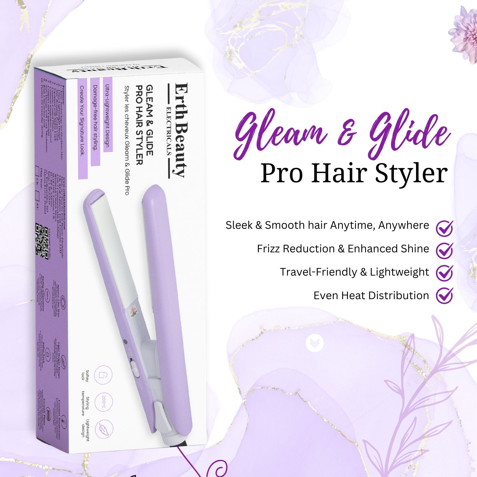Haarstijltang in verpakking. Erth Beauty, Gleam & Glide Pro Hair Styler. Paars en wit. Ultralicht ontwerp, schade-vrije styling.