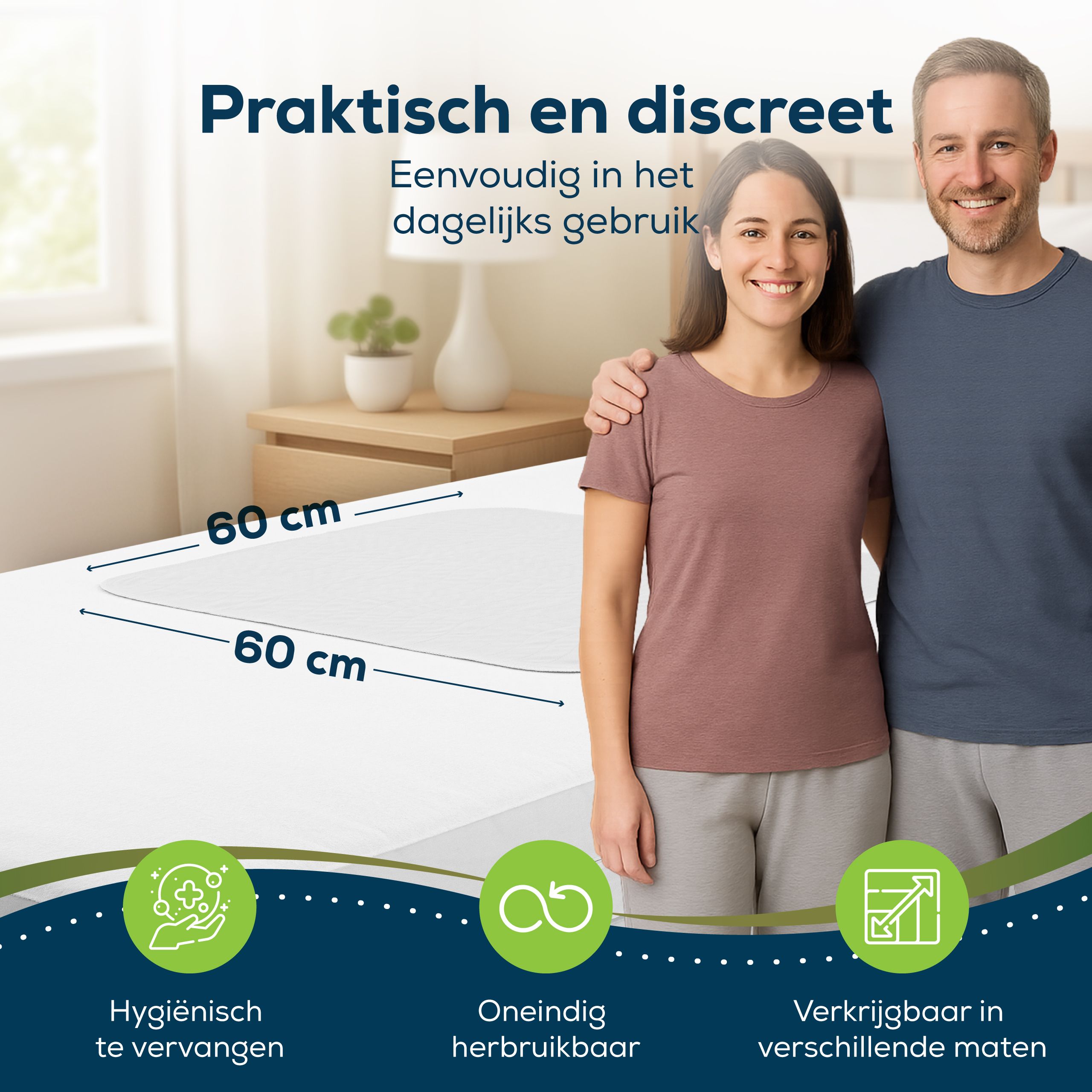 Incontinentie onderlegger op bed. Afmetingen: 60x60 cm. Hygiënisch, herbruikbaar, verkrijgbaar in verschillende maten.