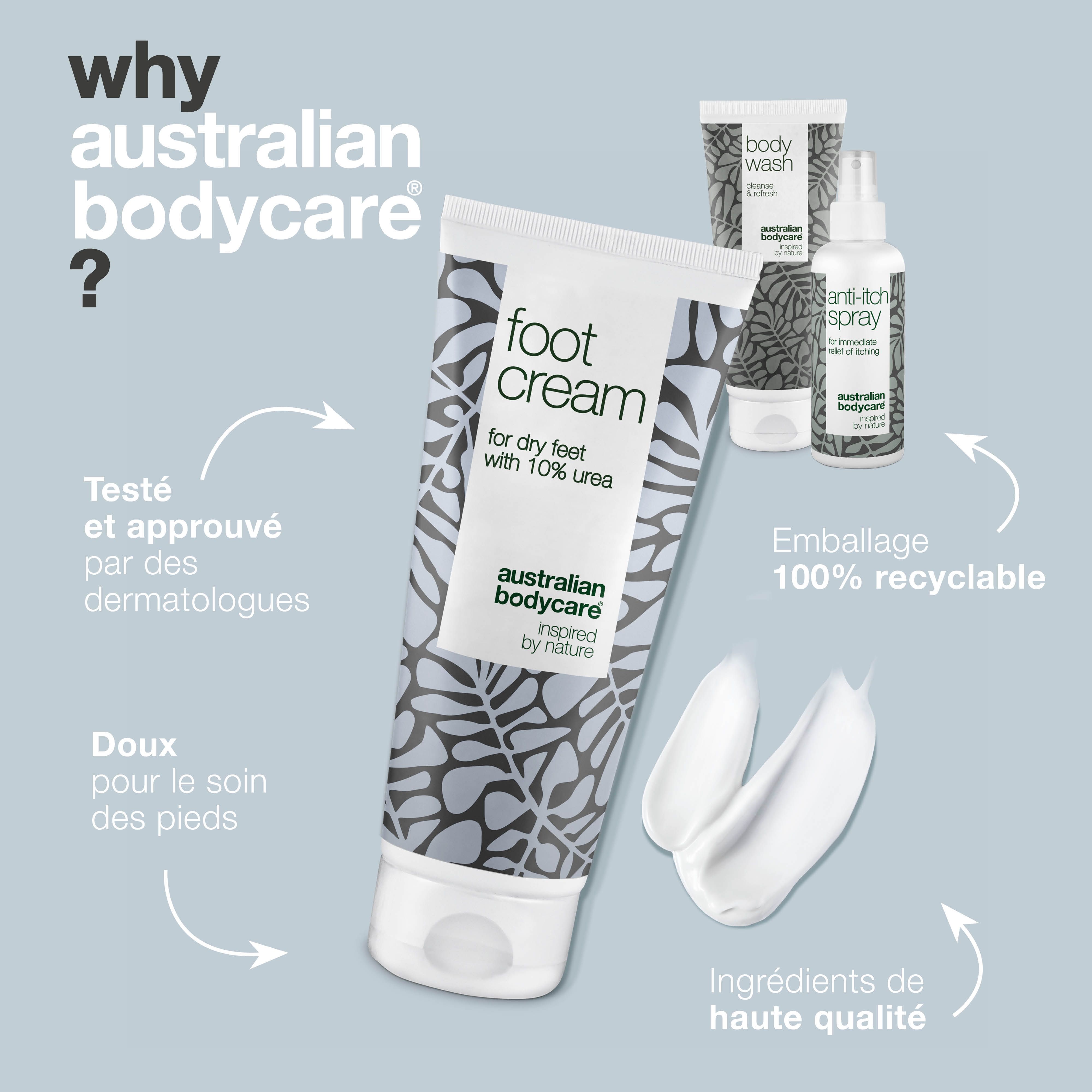 Tube de crème pour les pieds et produits. Texte : crème pour les pieds, pour pieds secs avec 10% d'urée, Australian Bodycare.