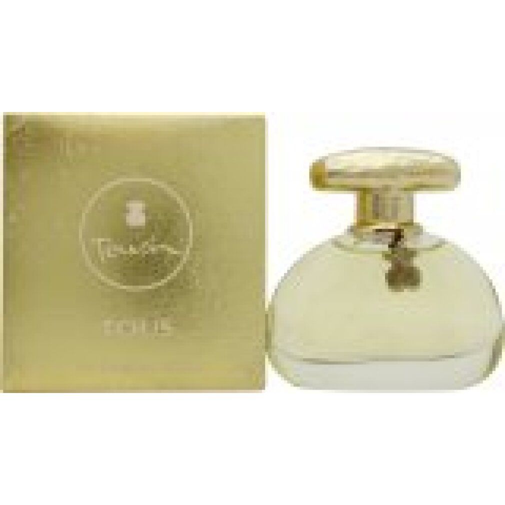 Flacon de parfum et emballage. Flacon doré avec bouchon doré. Emballage avec logo et texte Tous.