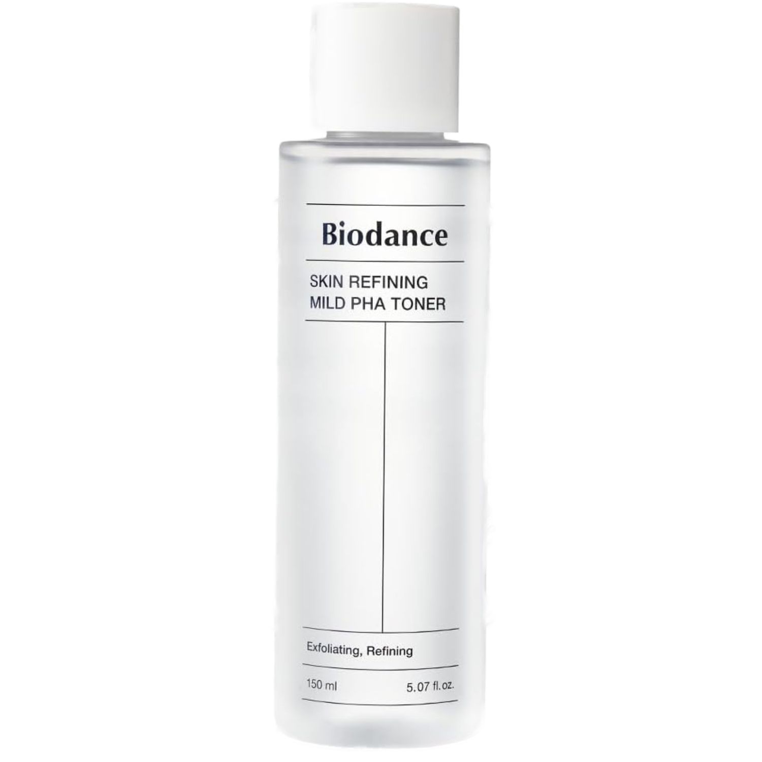 Transparante fles met witte dop. Opschrift: Biodance Skin Refining Mild PHA Toner. 150 ml.