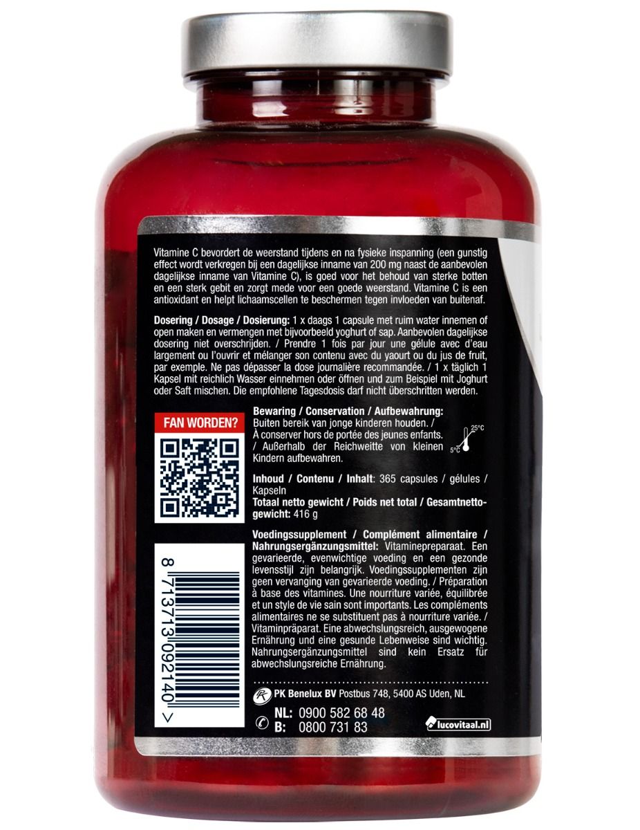 Achterkant fles. Dosering, gebruiksaanwijzing, QR-code. Inhoud: 365 capsules. Nettogewicht: 410 g.