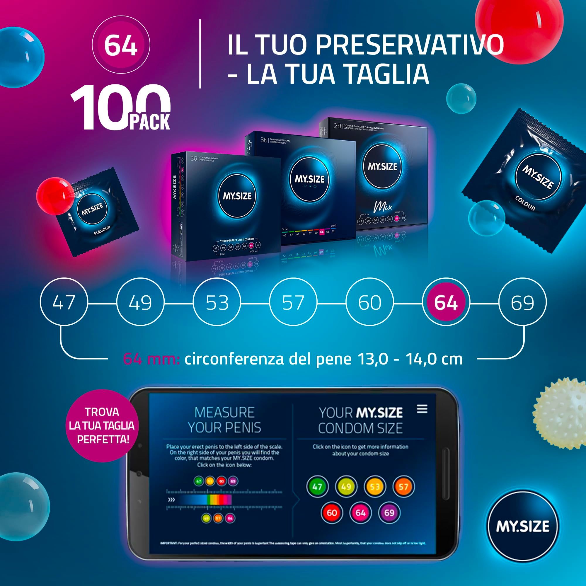 Boîte de 100 préservatifs MY.SIZE, tailles 47-69, avec guide des tailles sur smartphone.