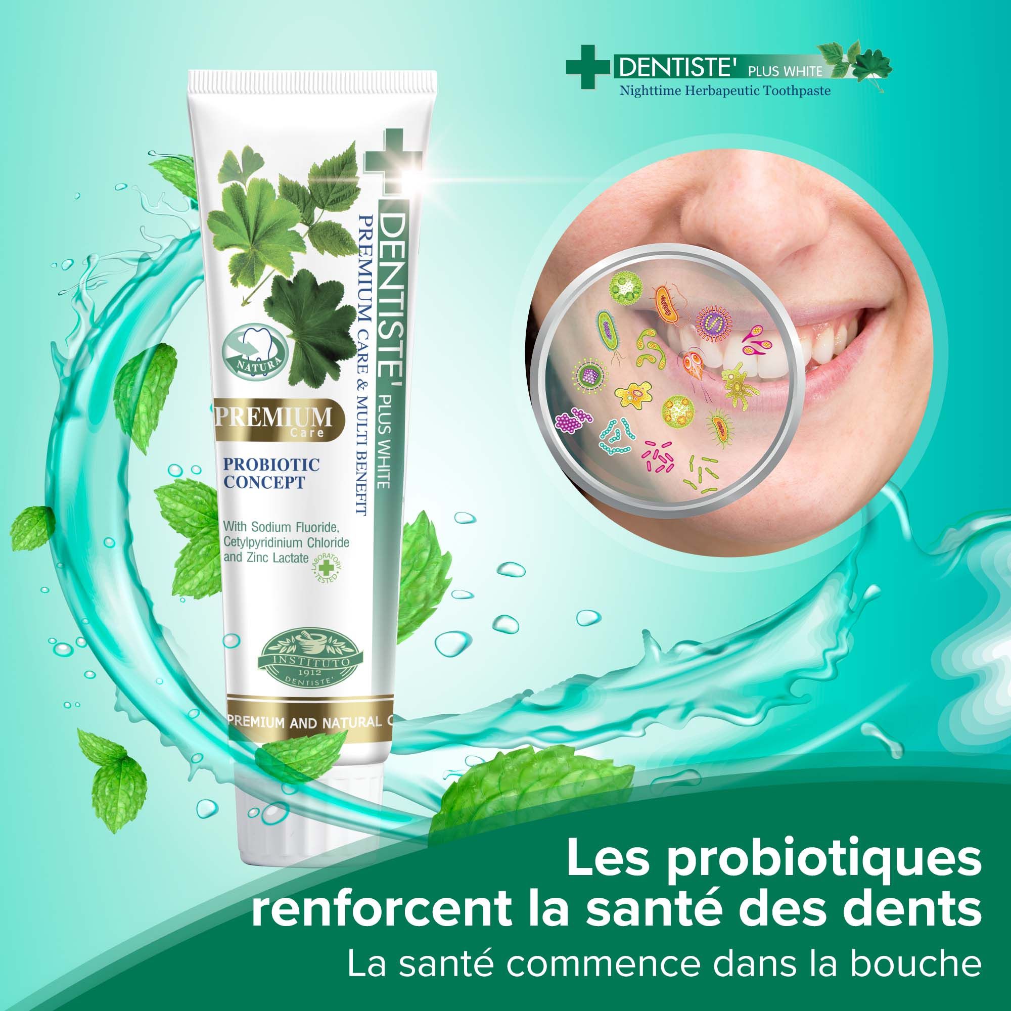 Tube de dentifrice Dentiste Plus White Premium Care & Multi Benefit aux herbes et probiotiques.