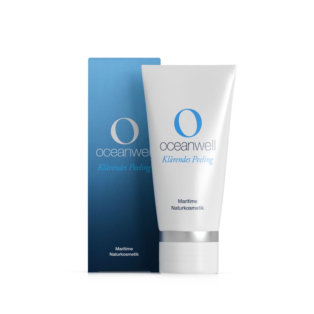 Witte tube en blauwe doos. Opschrift: oceanwell Klärendes Peeling. Marine natuurcosmetica.