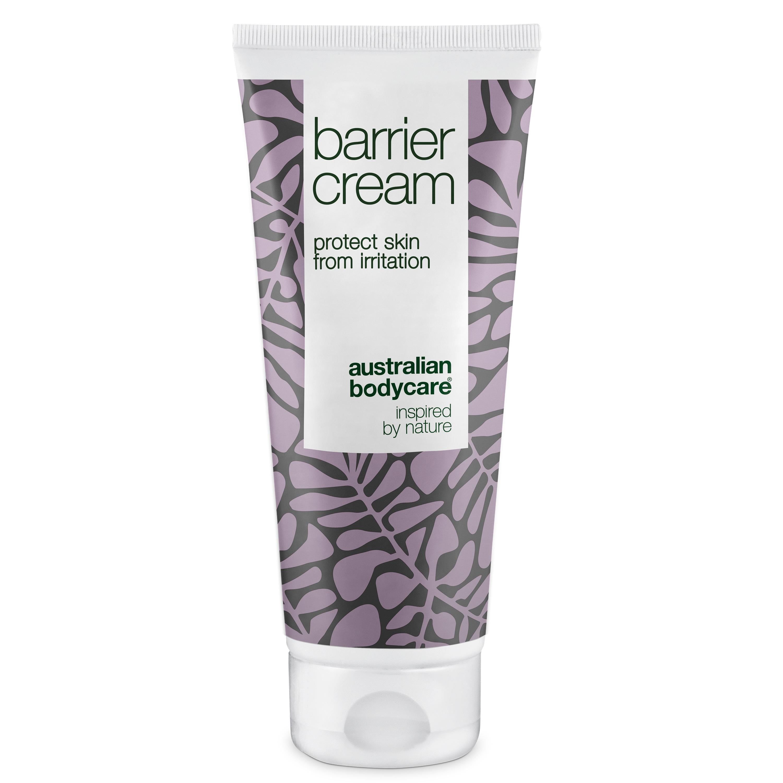 Tube de crème avec motif floral. Inscription : Barrier Cream, protège des irritations. Marque : Australian Bodycare.