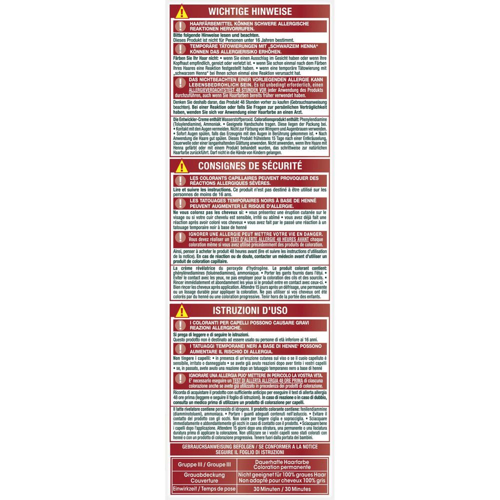 Garnier Nutrisse Ultra Color. Consignes de sécurité sur l'emballage. Texte en allemand, français et italien.