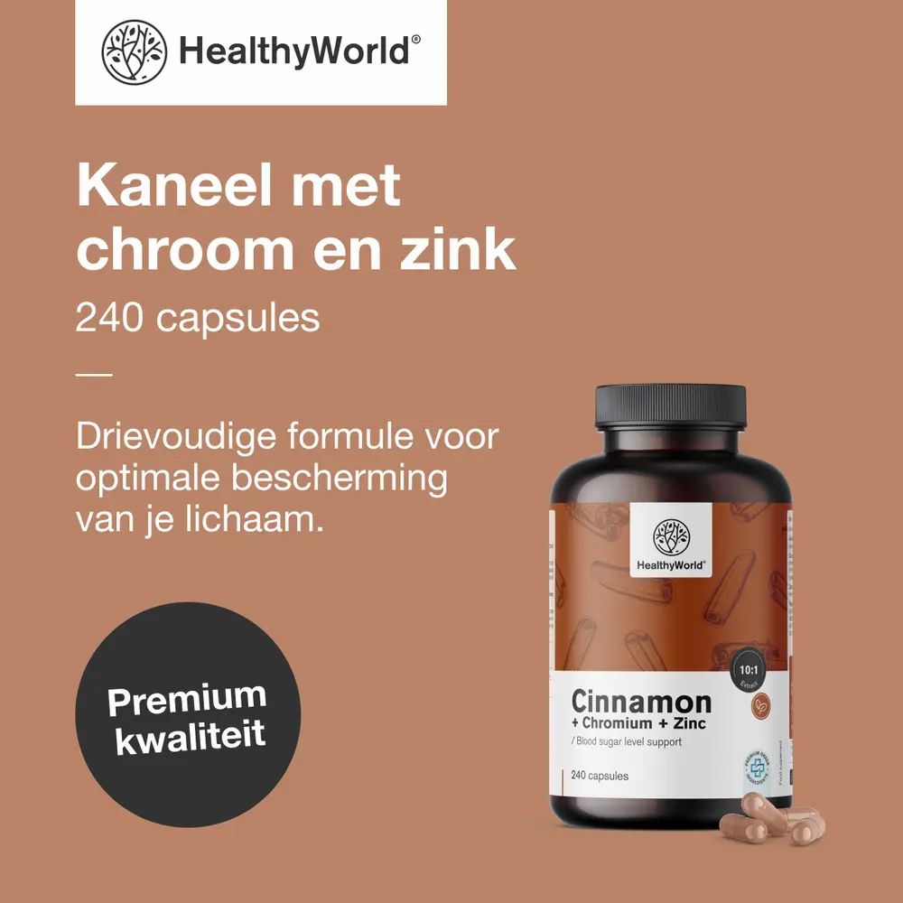 Fles met capsules. Opschrift: Kaneel + Chroom + Zink. Logo: HealthyWorld. Tekst: Premium kwaliteit.