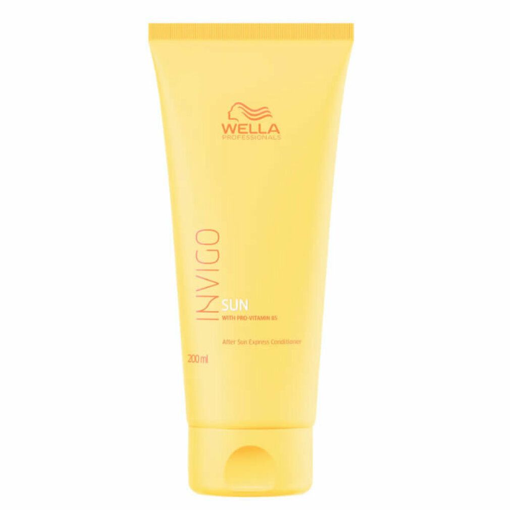 Tube jaune de Wella Invigo Sun Conditioner. Nom du produit, texte et logo visibles. 200ml.