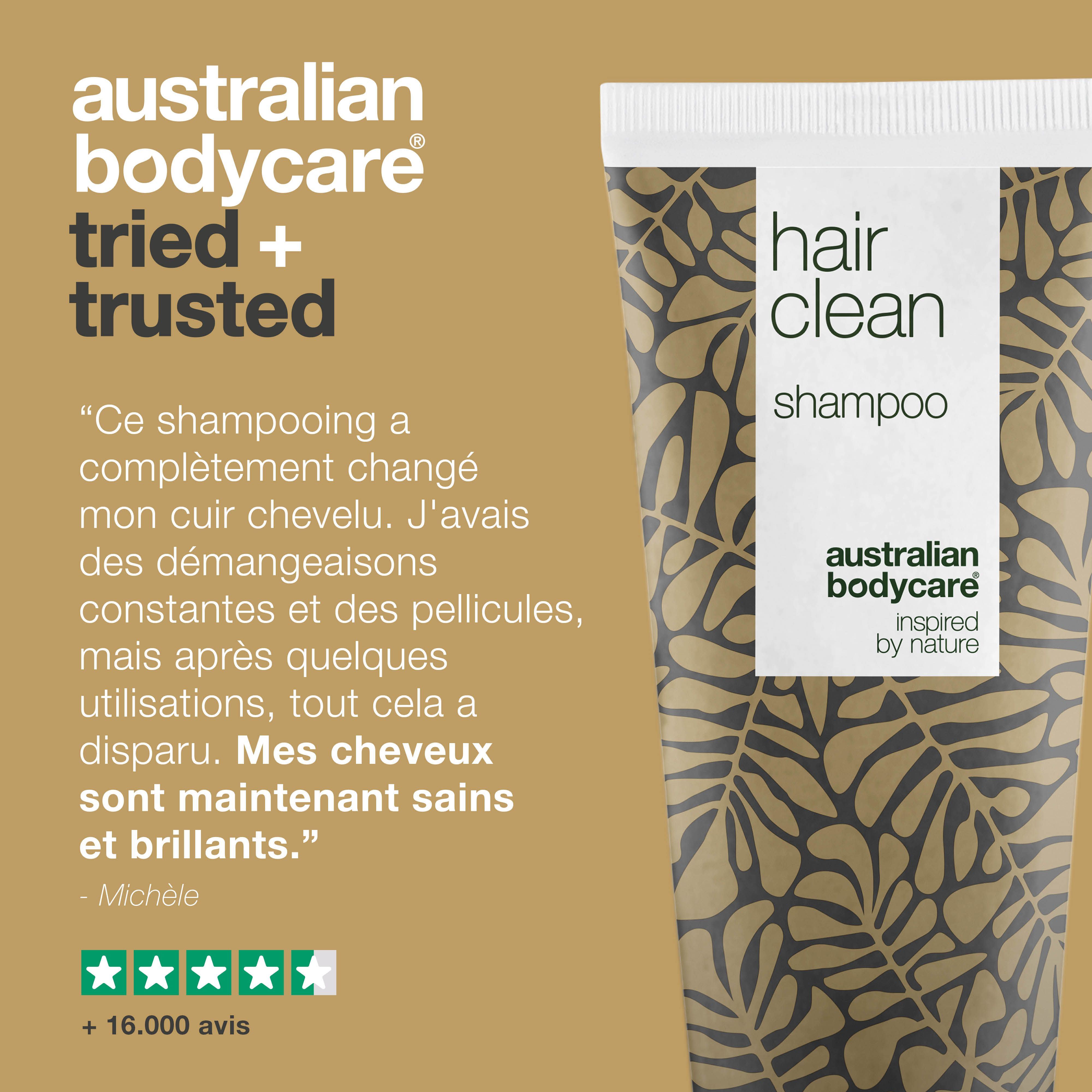 Tube "hair clean shampoo". Citation et évaluation par étoiles. Logo "Australian Bodycare".