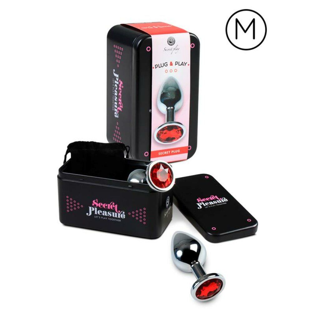 Plug anal en métal avec un bouchon diamant rouge et une boîte de rangement.