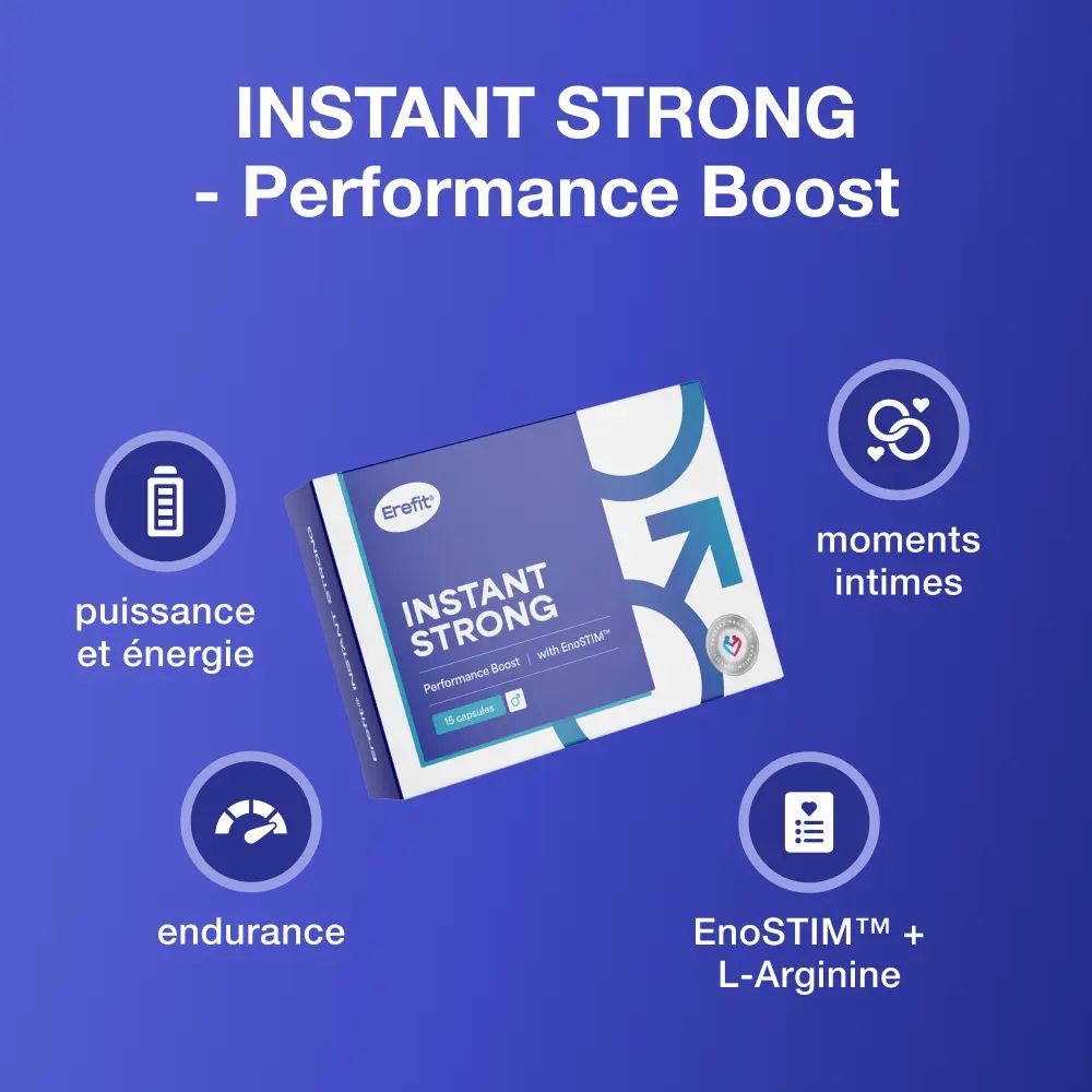 Boîte Erefit INSTANT STRONG avec icônes: énergie, endurance, moments intimes, EnoSTIM + L-Arginine.