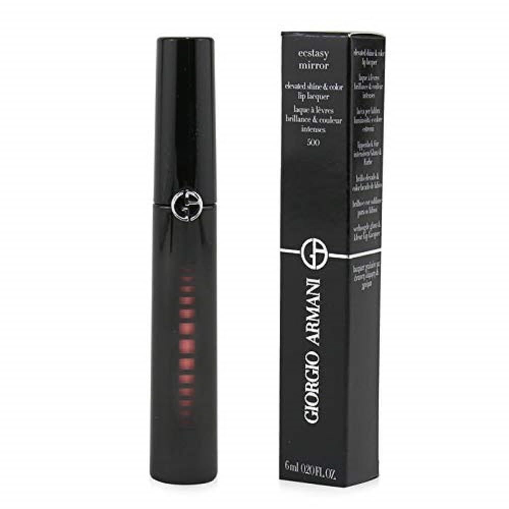 Tube de gloss noir et boîte. Logo Giorgio Armani sur le tube. Sur la boîte, « Giorgio Armani » et « Estasi Mirror » sont visibles.