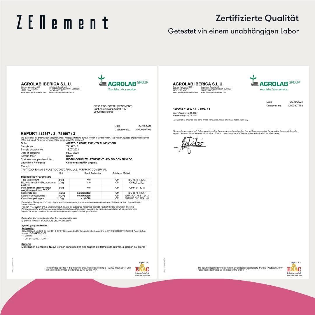 Twee pagina's van een laboratoriumrapport. Tekst: Gecertificeerde kwaliteit. Getest door een onafhankelijk laboratorium. Details van ingrediënten en analyseresultaten.
