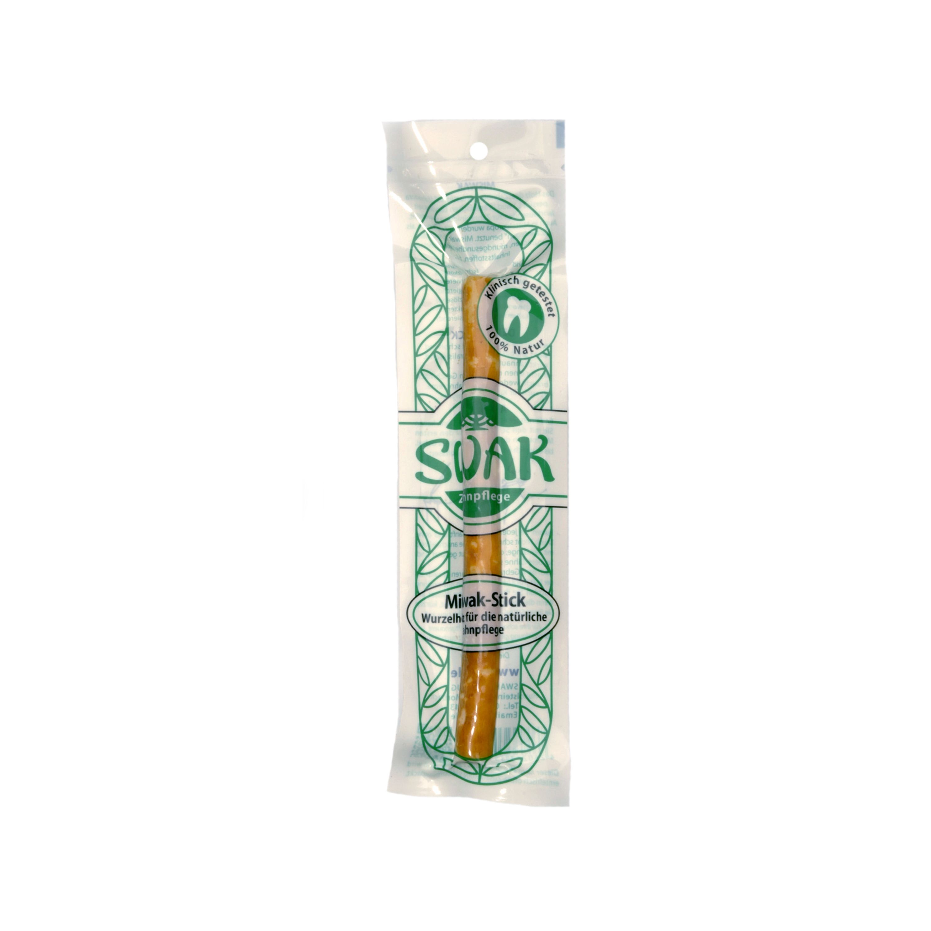 Bâtonnet dentaire emballé. Film transparent avec logo vert et texte. Nom du produit: SWAK Miswak-Stick.