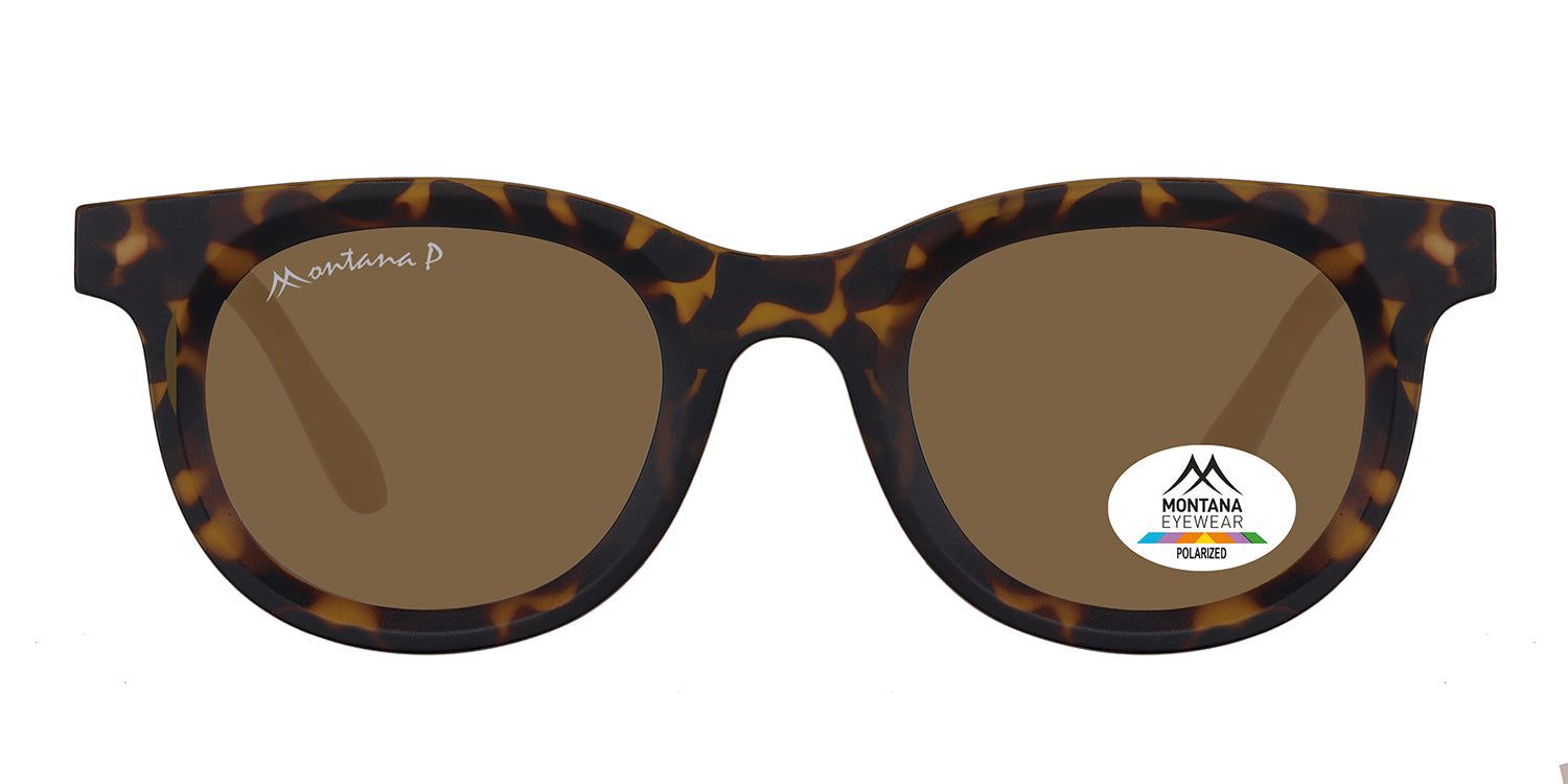 Lunettes de soleil marron avec monture marron à motifs. Logo et autocollant de polarisation sur le verre.