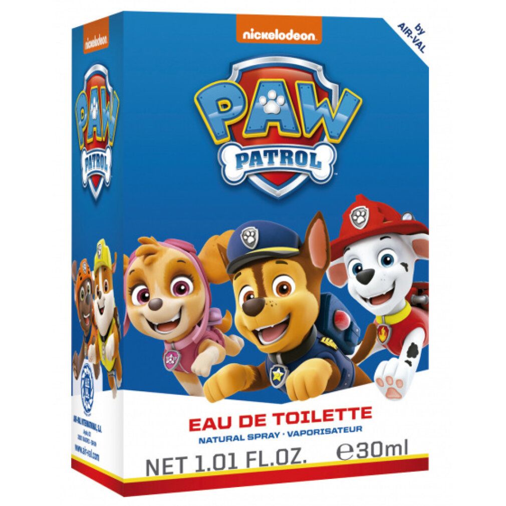 Emballage bleu avec personnages Paw Patrol et texte. 'Eau de Toilette' et indication de volume.