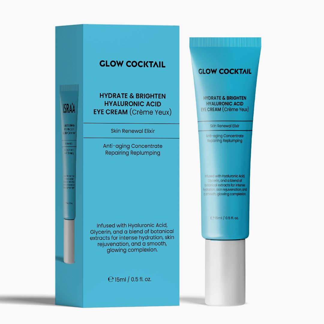Turquoise tube en doos. Opschrift: Glow Cocktail, Hydrate & Brighten Hyaluronic Acid Eye Cream. 15ml/0.5 fl. oz.