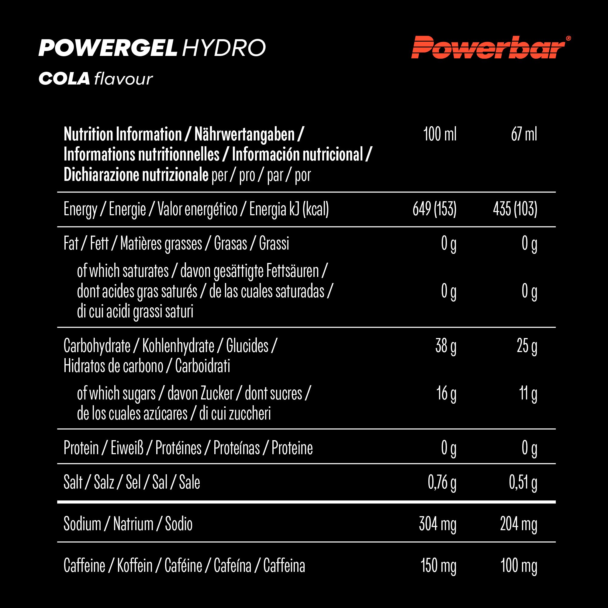 Voedingstabel voor PowerBar PowerGel Hydro Cola. Informatie per 100 ml en 67 ml. Bevat informatie over energie, vet, koolhydraten, eiwitten en zout.