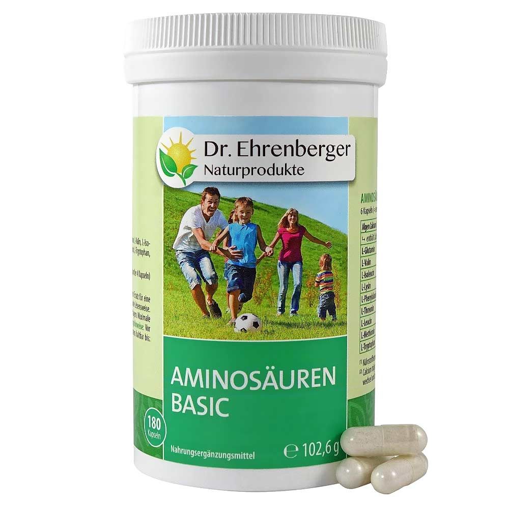 Witte plastic pot met capsules. Opschrift: Dr. Ehrenberger Naturprodukte, Aminozuren Basic. Familiefoto.