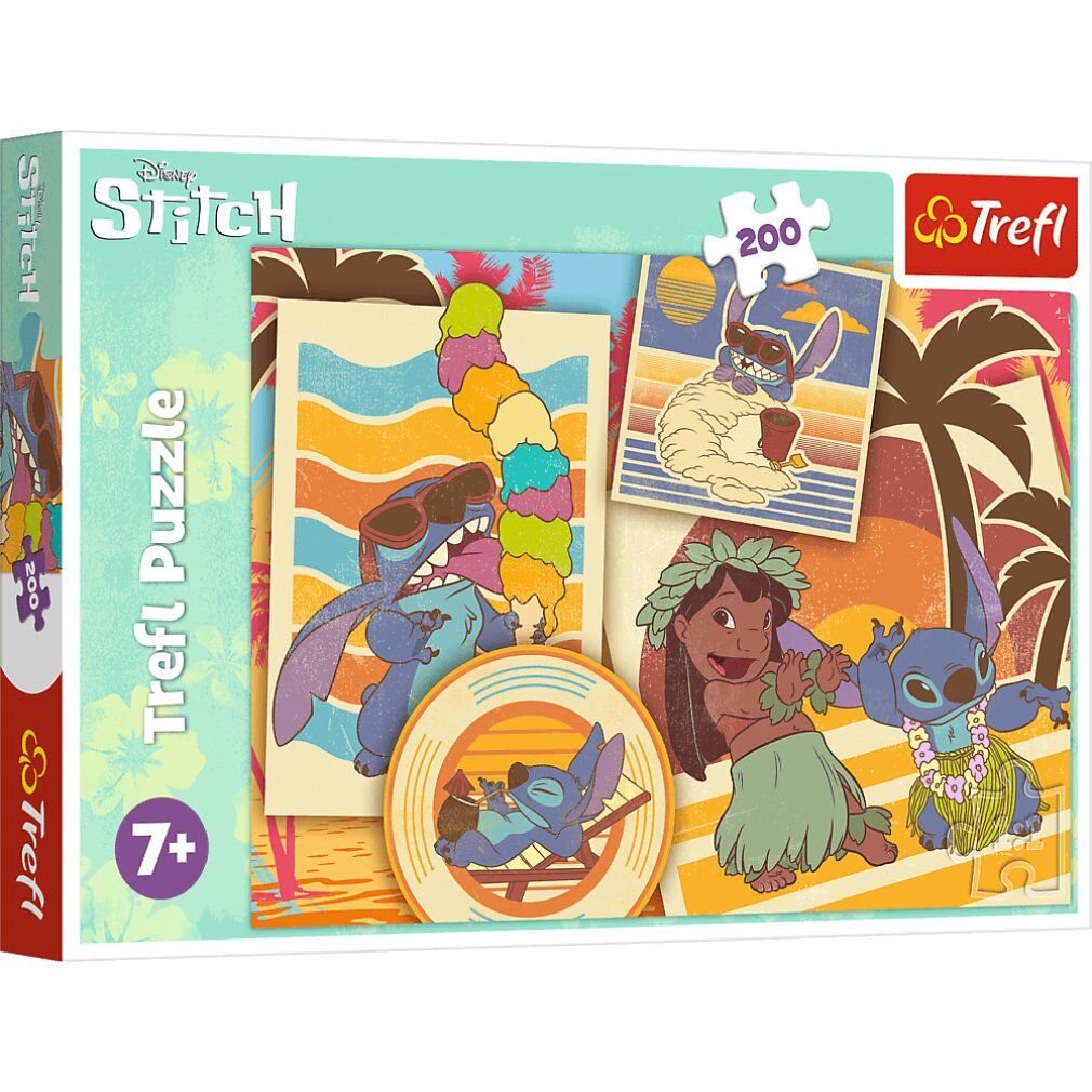 Boîte de puzzle avec motif Lilo & Stitch. L'emballage montre le design du puzzle fini. Marque Trefl, 200 pièces, à partir de 7 ans.