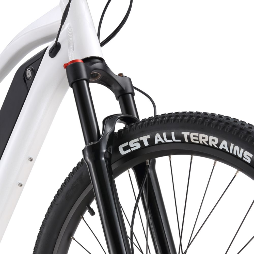 Gros plan sur la roue avant d'un VTT électrique blanc. Pneus avec lettrage CST ALL TERRAINS.