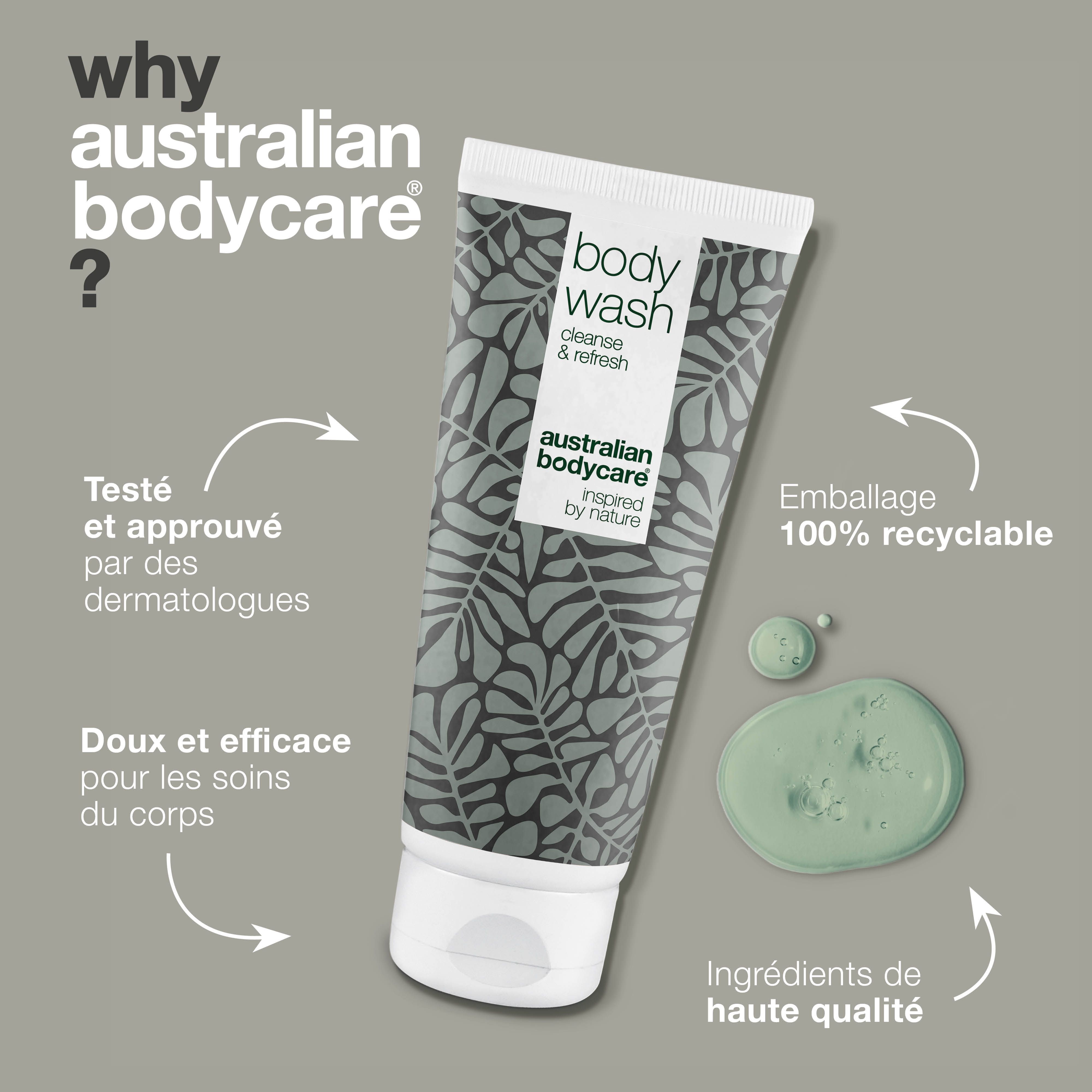 Pourquoi Australian Bodycare ? Tube avec inscription "Body Wash". Marque : Australian Bodycare.