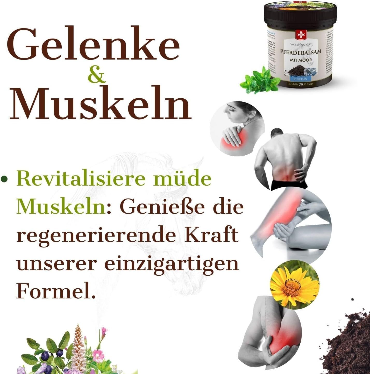 Pot met "Pferdebalsam mit Moor" opschrift en Zwitsers kruis. Kleine afbeeldingen tonen pijnlijke gewrichten en spieren.