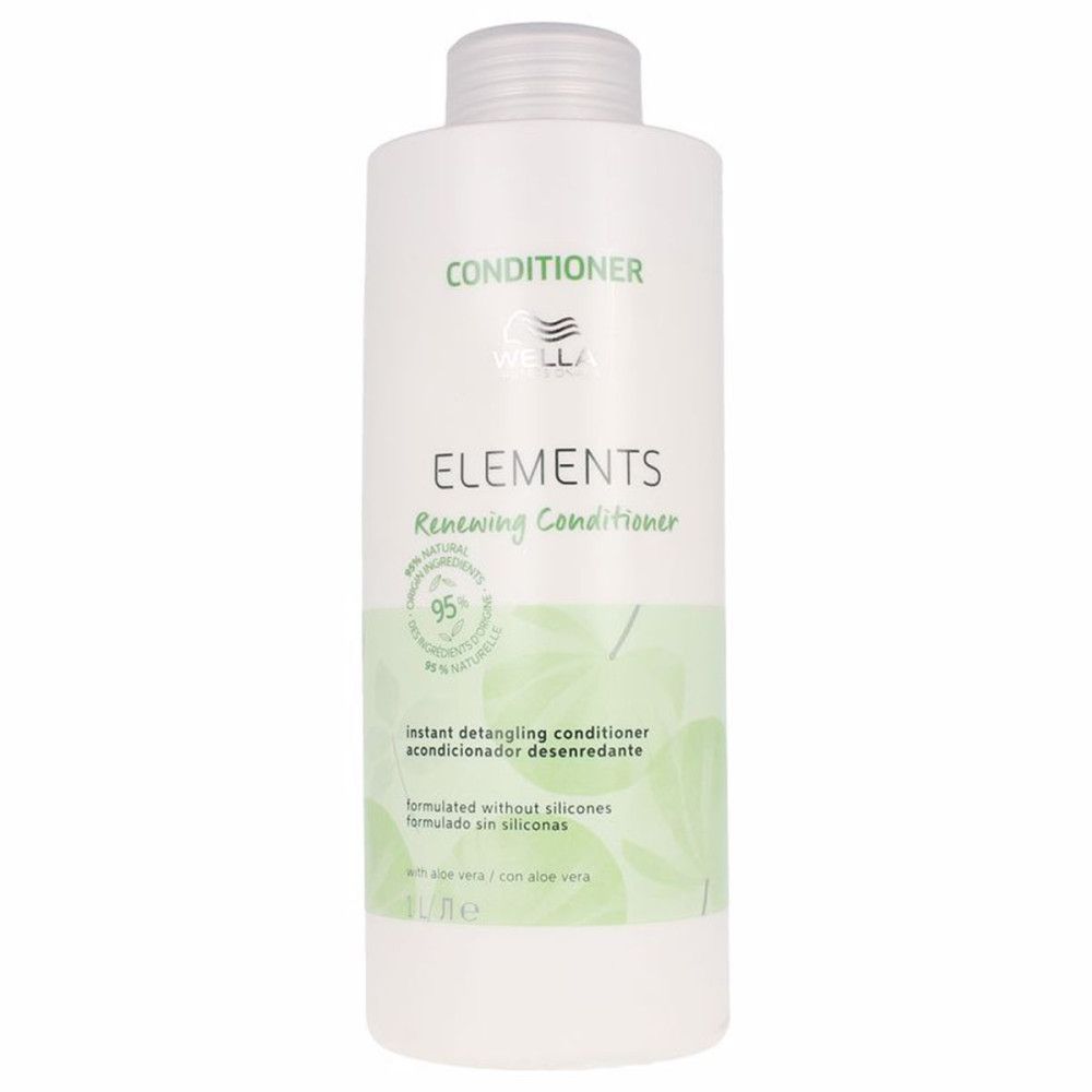 Flacon blanc avec motif de feuilles vertes. Inscription: CONDITIONER, ELEMENTS, Renewing Conditioner, 95% Natural.