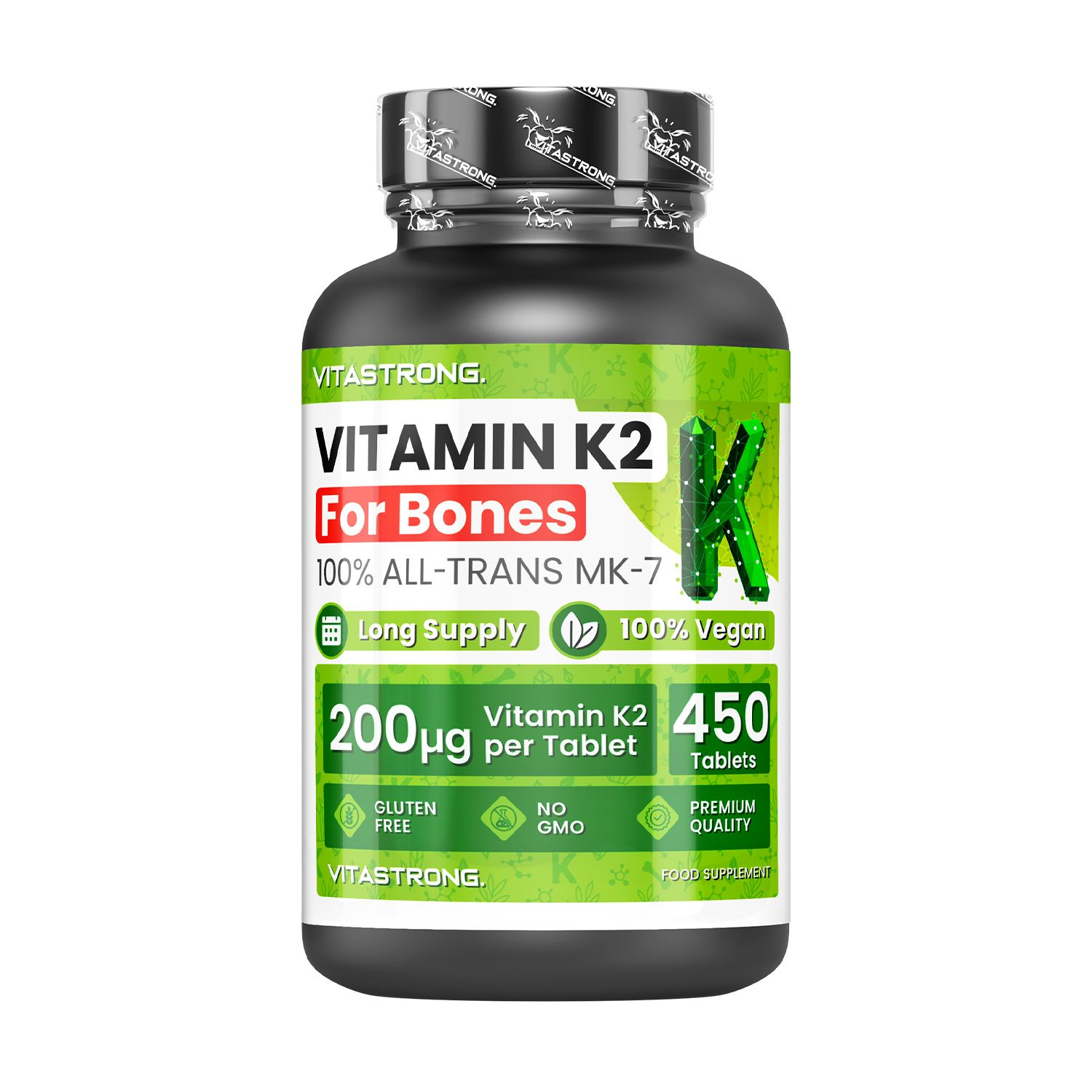 Flacon vert de Vitamine K2. 450 comprimés, 200µg par comprimé. Sans gluten, végétalien, sans OGM.