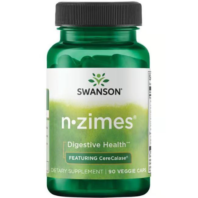 Flacon vert de gélules vertes avec bouchon noir. Inscription: SWANSON, n-zimes, Digestive Health, 90 Veggie Caps.