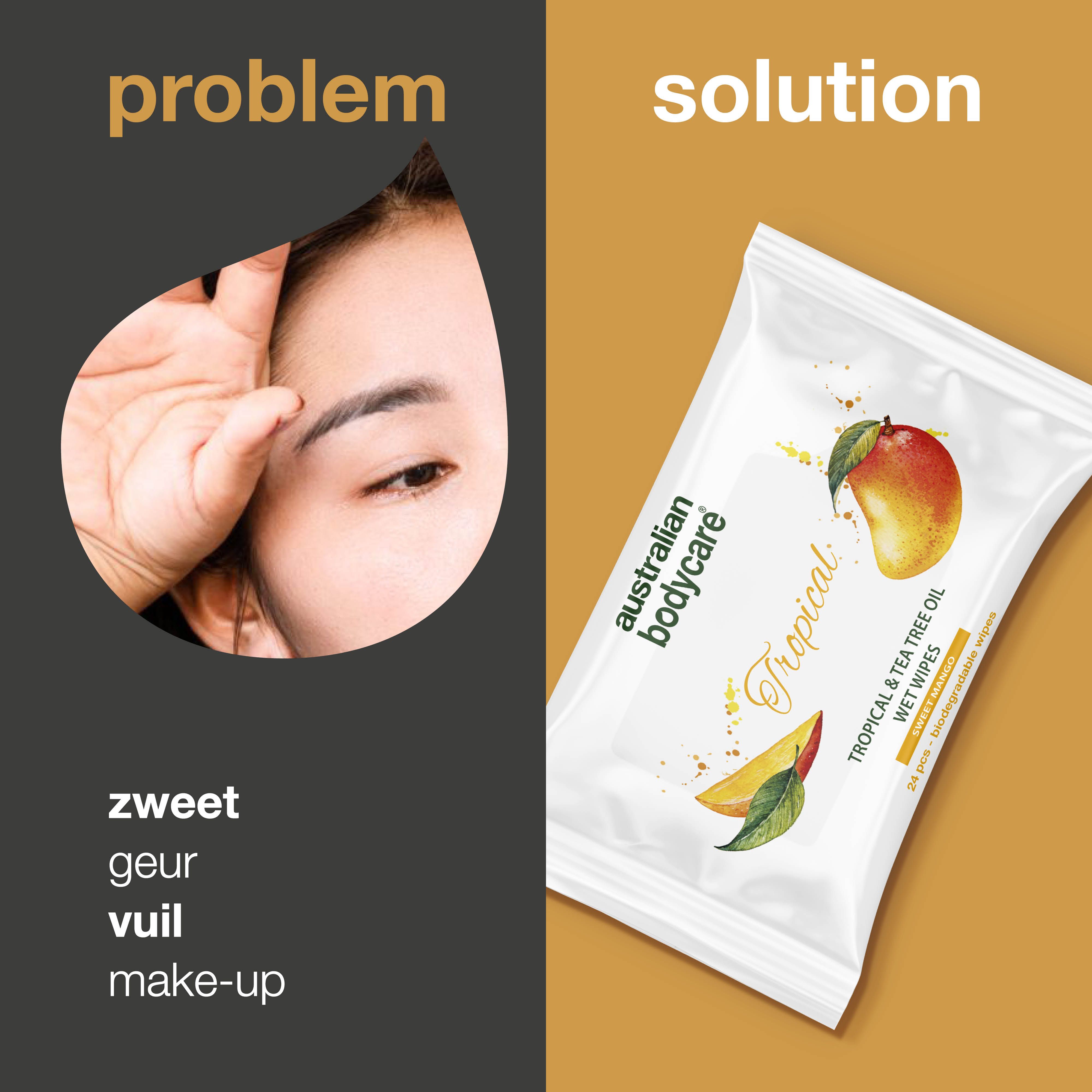 Gezicht en verpakking vochtige doekjes. Tekst: Probleem, Oplossing. Woorden: Zweet, geur, vuil, make-up.