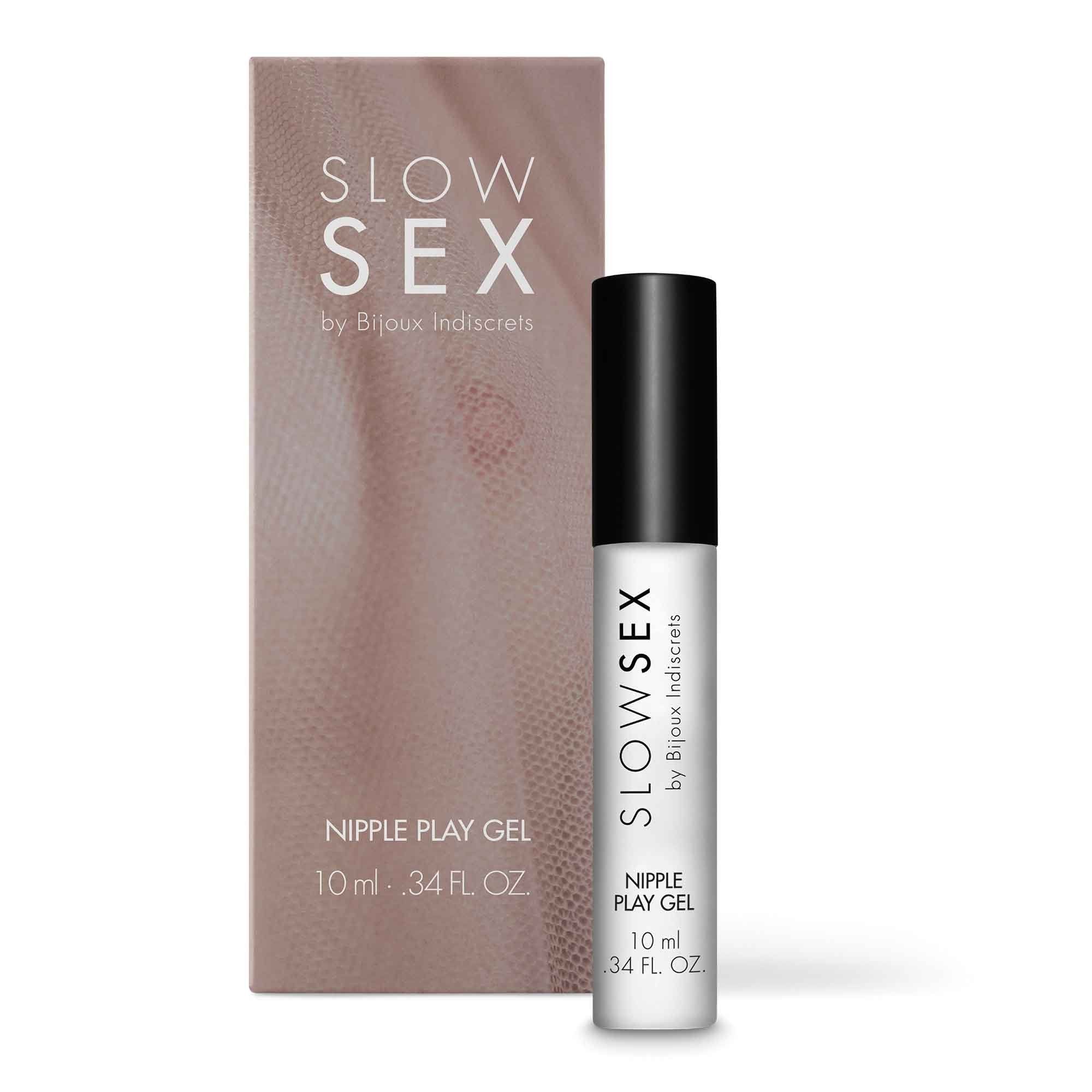 Gel rafraîchissant en flacon transparent à bouchon noir. Inscription : SLOW SEX, Nipple Play Gel, 10 ml.