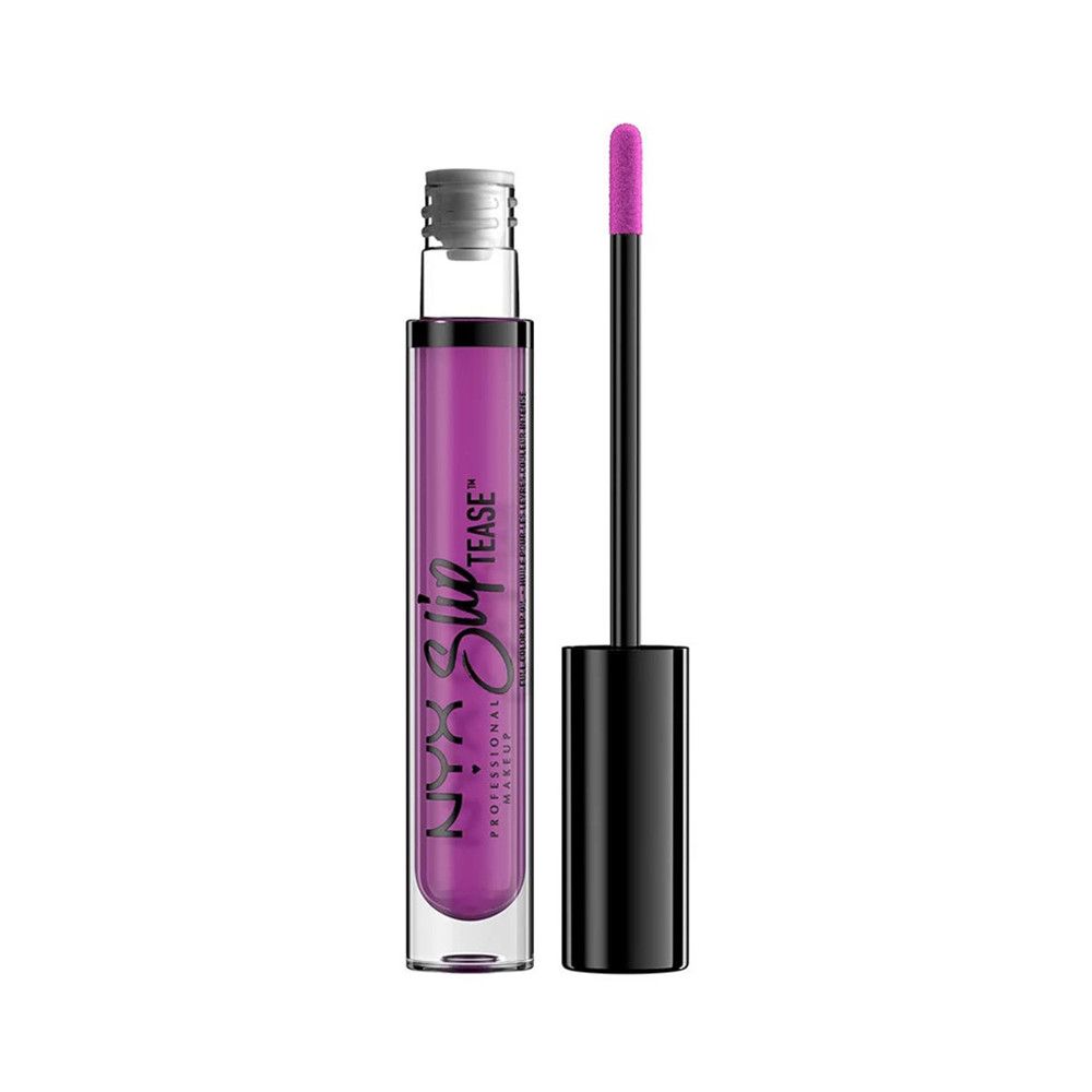 Flacon de gloss avec applicateur. Contenu rose, bouchon noir. Inscription: NYX Slip Tease.