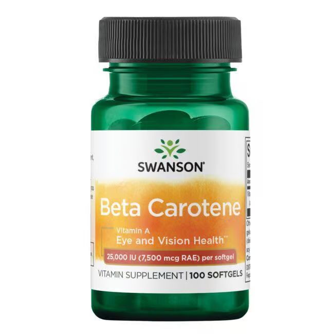 Flacon vert avec bouchon noir. Inscription: SWANSON Beta Carotene, Vitamine A, 25 000 UI. Contient 100 gélules.