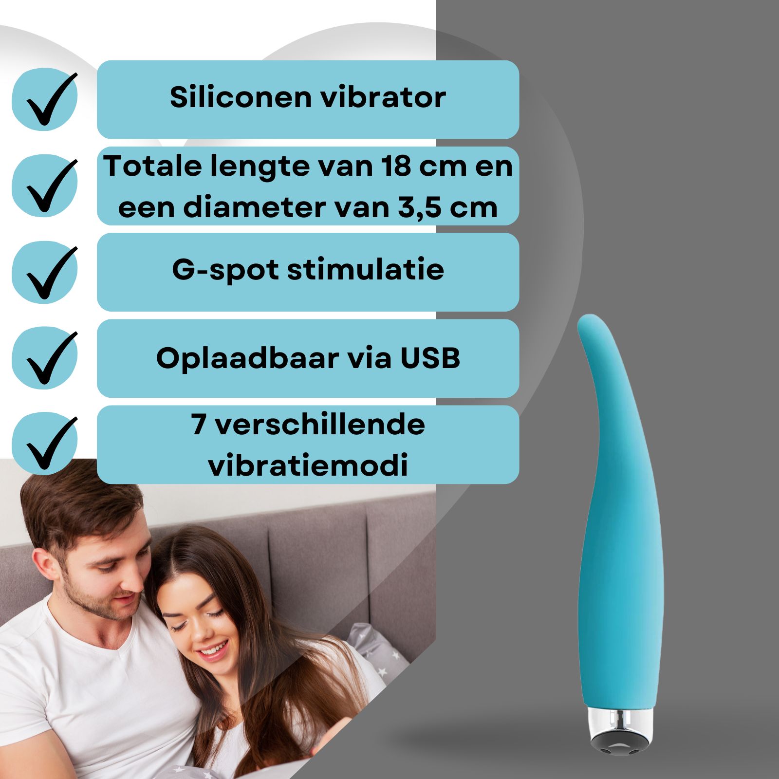 Blauwe vibrator. Tekst: Siliconen vibrator, voor G-spot stimulatie.
