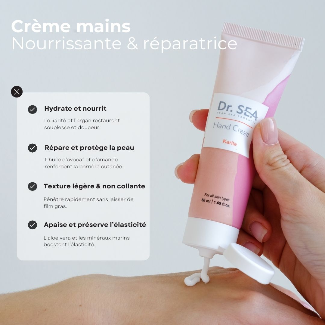 Tube de crème pour les mains, rose et blanc. Texte et illustrations. La crème pour les mains est appliquée sur la peau.