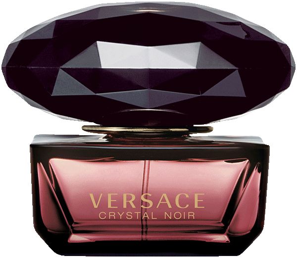 Donkerrode fles met facetdeksel. Opschrift: VERSACE CRYSTAL NOIR.