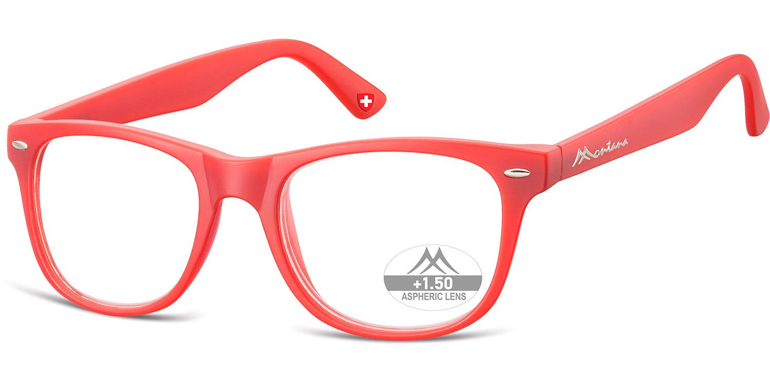 Lunettes rouges avec verres ronds. +1.50 ASPHERIC LENS sur un verre. Logo Montana Eyewear sur la branche.
