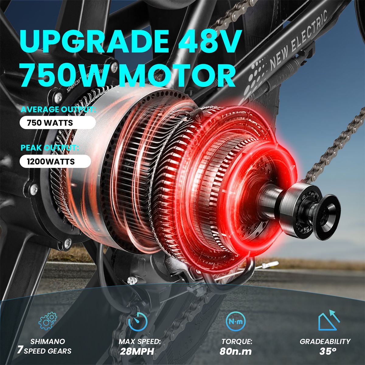 Moteur électrique 750W. Transmission Shimano 7 vitesses. Vitesse max. 28MPH. Couple 80Nm. Capacité de montée 35°.